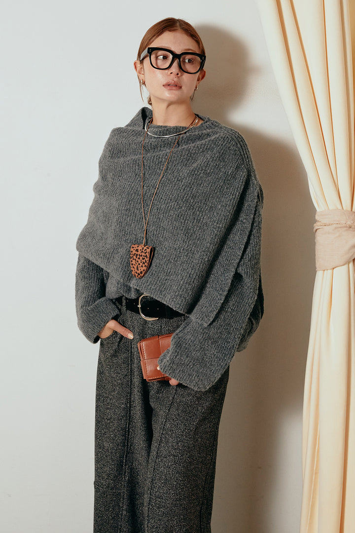 [SET]ケープデザインリブニットトップス+太ベルト付きツイードワイドパンツ(2set)