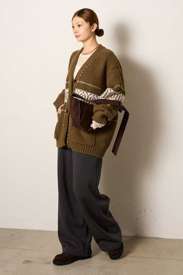 [SET]ライン柄ステッチニットカーディガン+2WAY袖コード刺繍クルーネックプルオーバー+裏起毛スウェットワイドパンツ(3set)