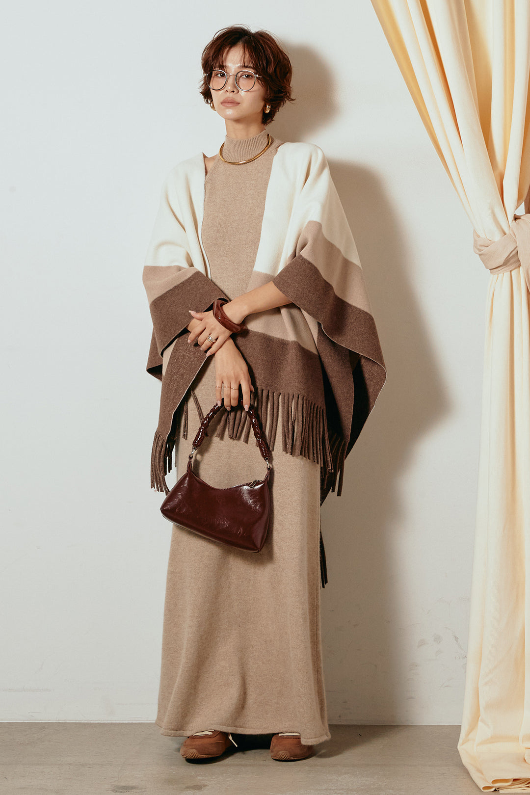 [SET]裾フリンジ柄ポンチョアウター+ノースリーブニットロングワンピース(2set)