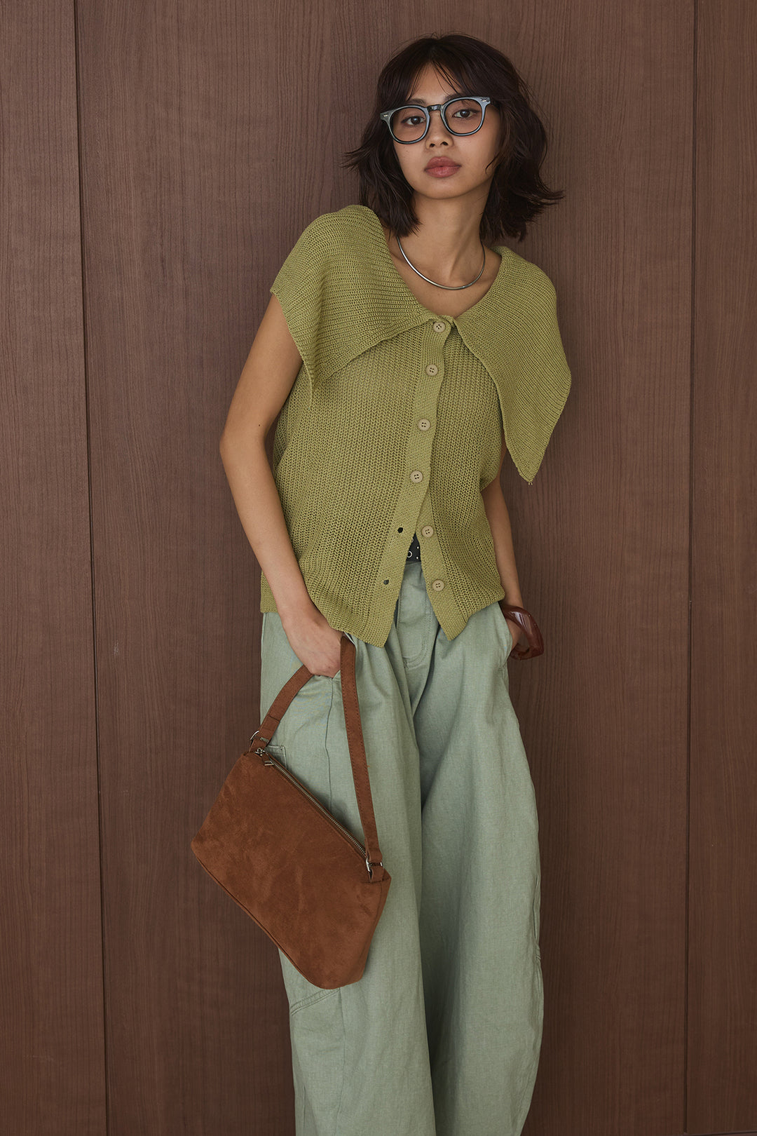 [SET]ビッグカラーボタンニットトップス+ベルト付きカラーデニムパンツ(2set)