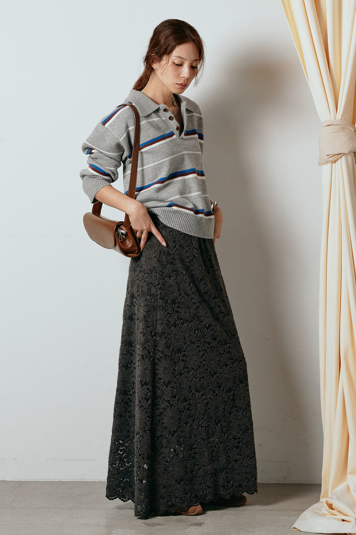 [SET]襟付きマルチボーダーニットポロトップス+花柄刺繍ベロアフレアスカート(2set)