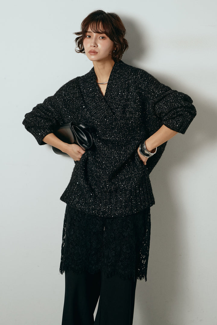 [SET]Vネックラメニットトップス+レース刺繍レイヤードフレアパンツ(2set)