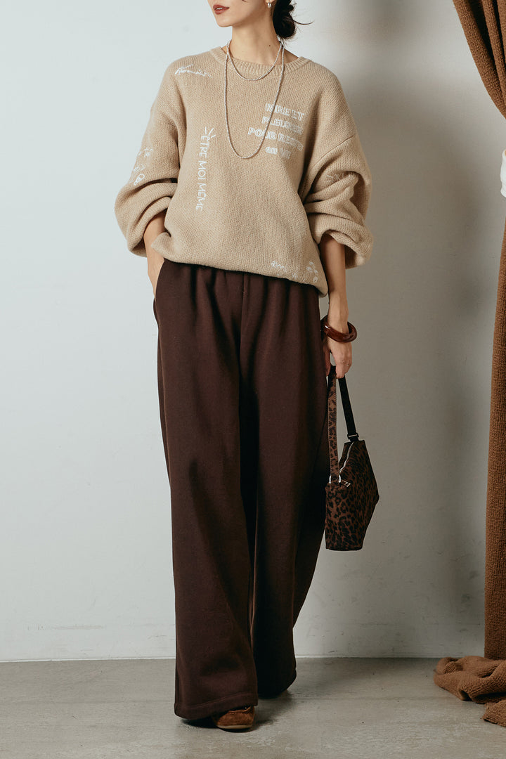 [SET]刺繍ロゴランダムデザインニットトップス+裏起毛スウェットワイドパンツ(2set)