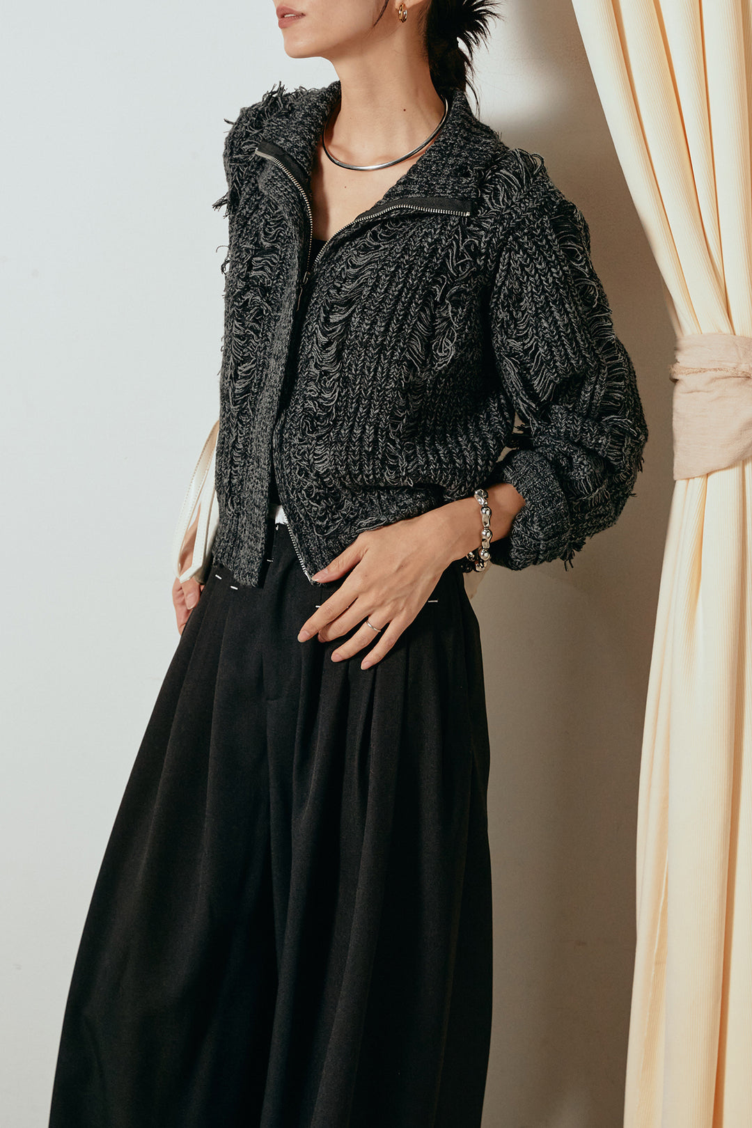 [SET]ハイネックフリンジジップニットトップス+ウエストステッチデザインワイドスラックス(2set)