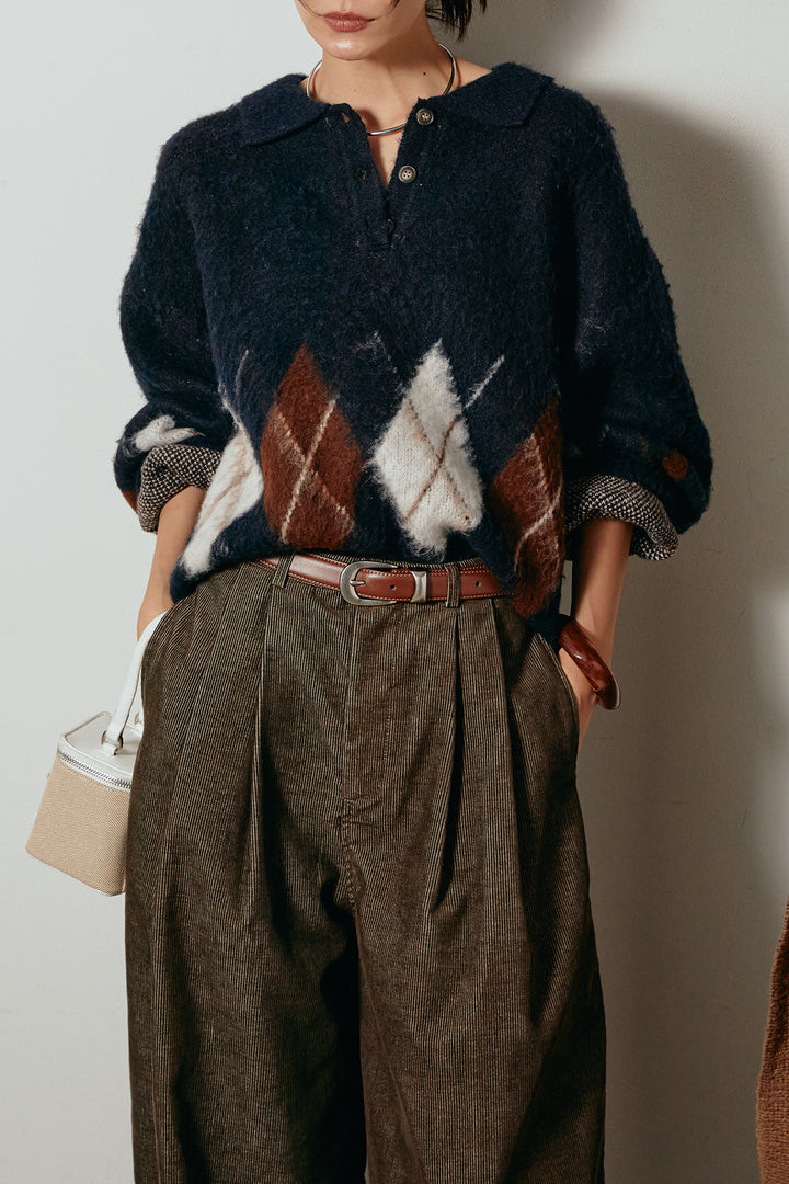 [SET]アーガイル柄ポロニットトップス+フロントタック入りコーデュロイパンツ(2set)