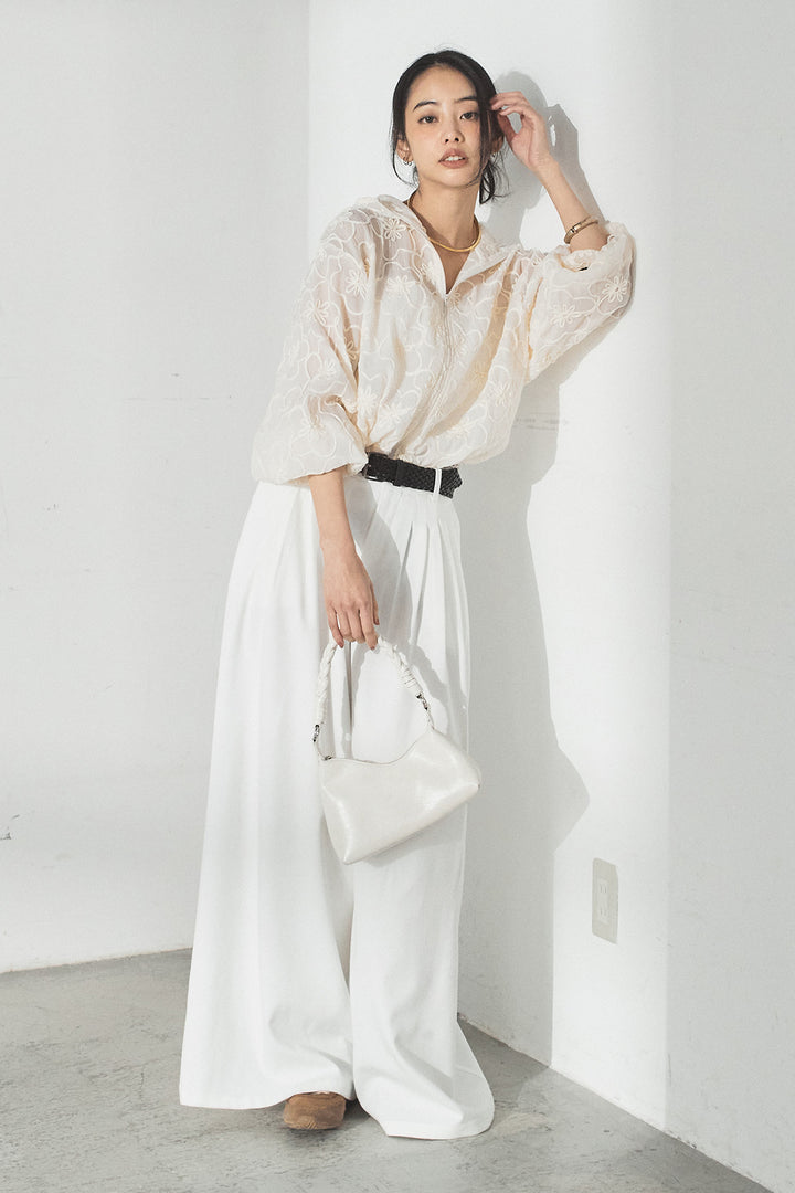 [SET]シアーフラワーフードブルゾン+編みベルト付きウエストタックワイドパンツ(2set)