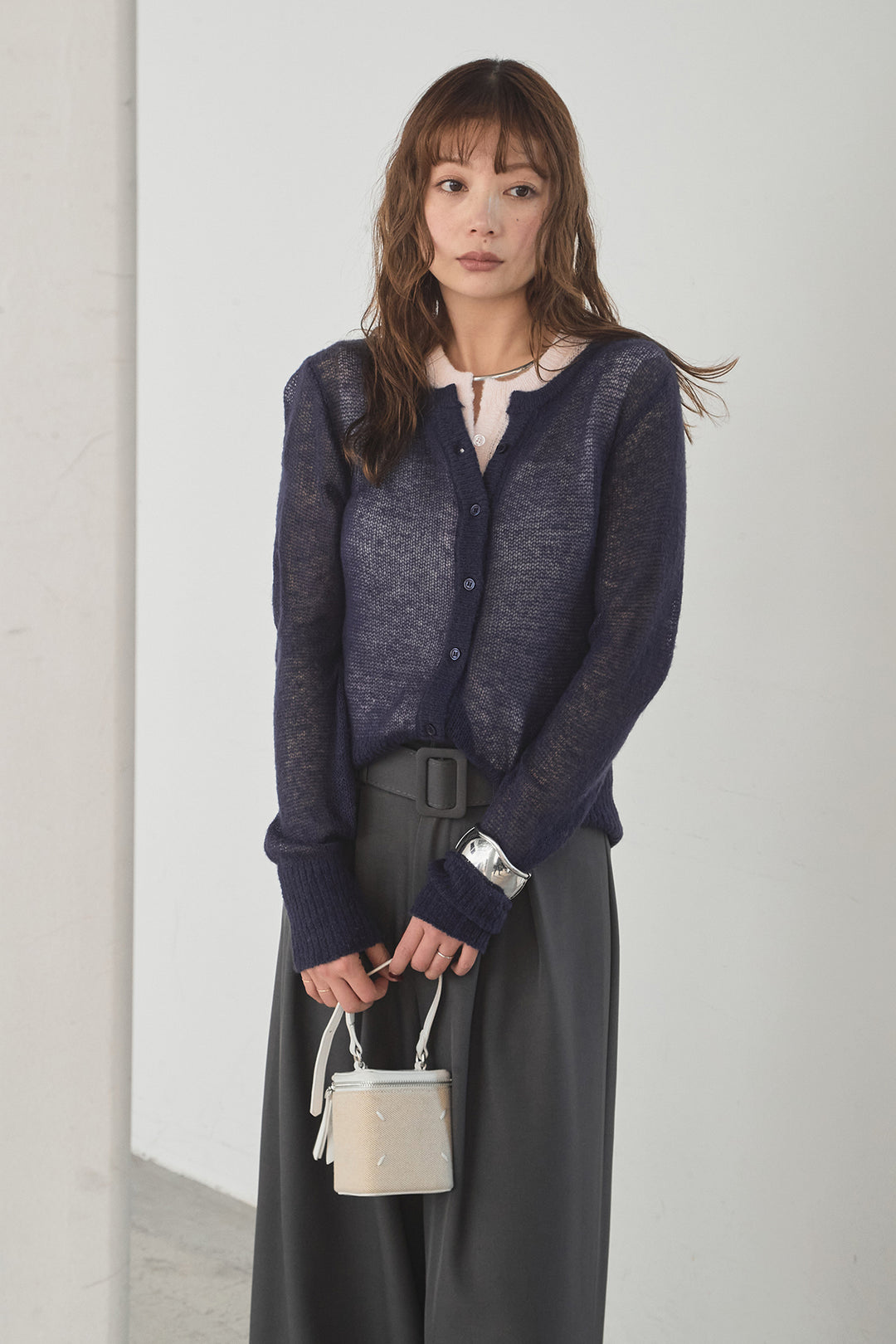 [SET]モヘア透かし編みレイヤードアンサンブルセット+ベルト付きツータックワイドパンツ(2set)