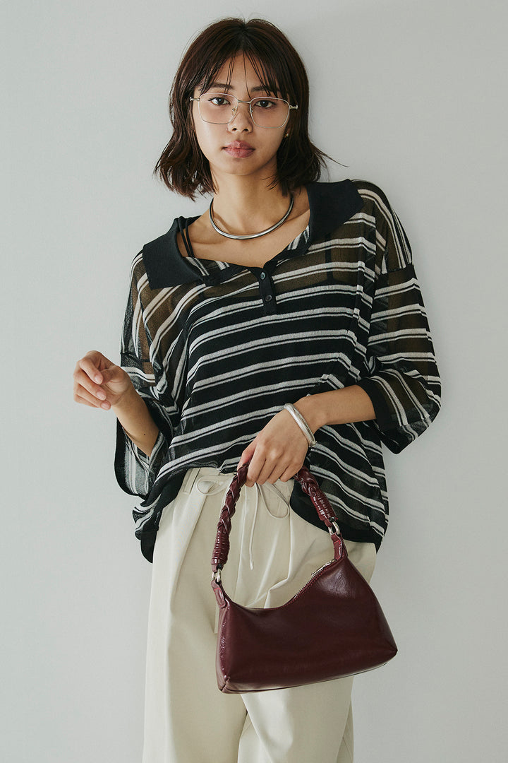 [SET]ボーダーニットポロシャツ+ニーサイドタックウエストドロスパンツ(2set)