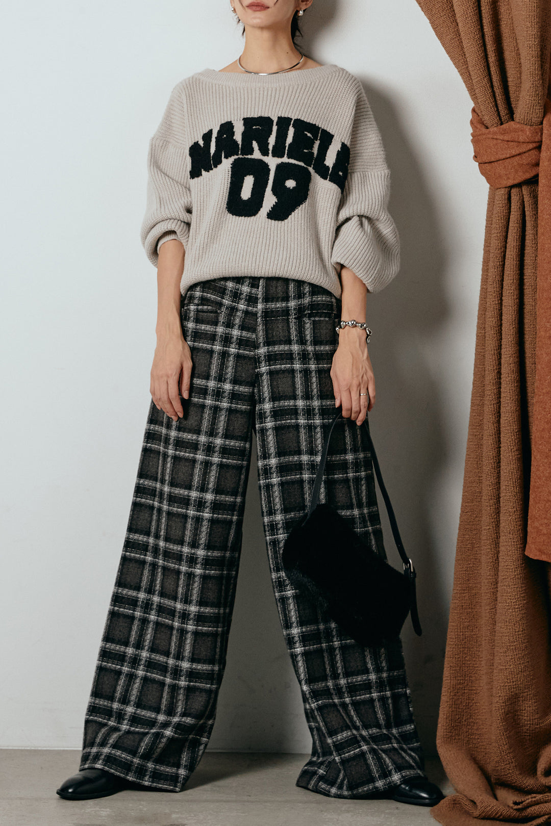 [SET]ロゴジャガードニットトップス+ルーズタータンチェックワイドパンツ(2set)