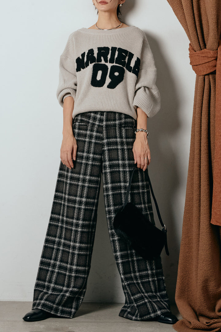 [SET]ロゴジャガードニットトップス+ルーズタータンチェックワイドパンツ(2set)