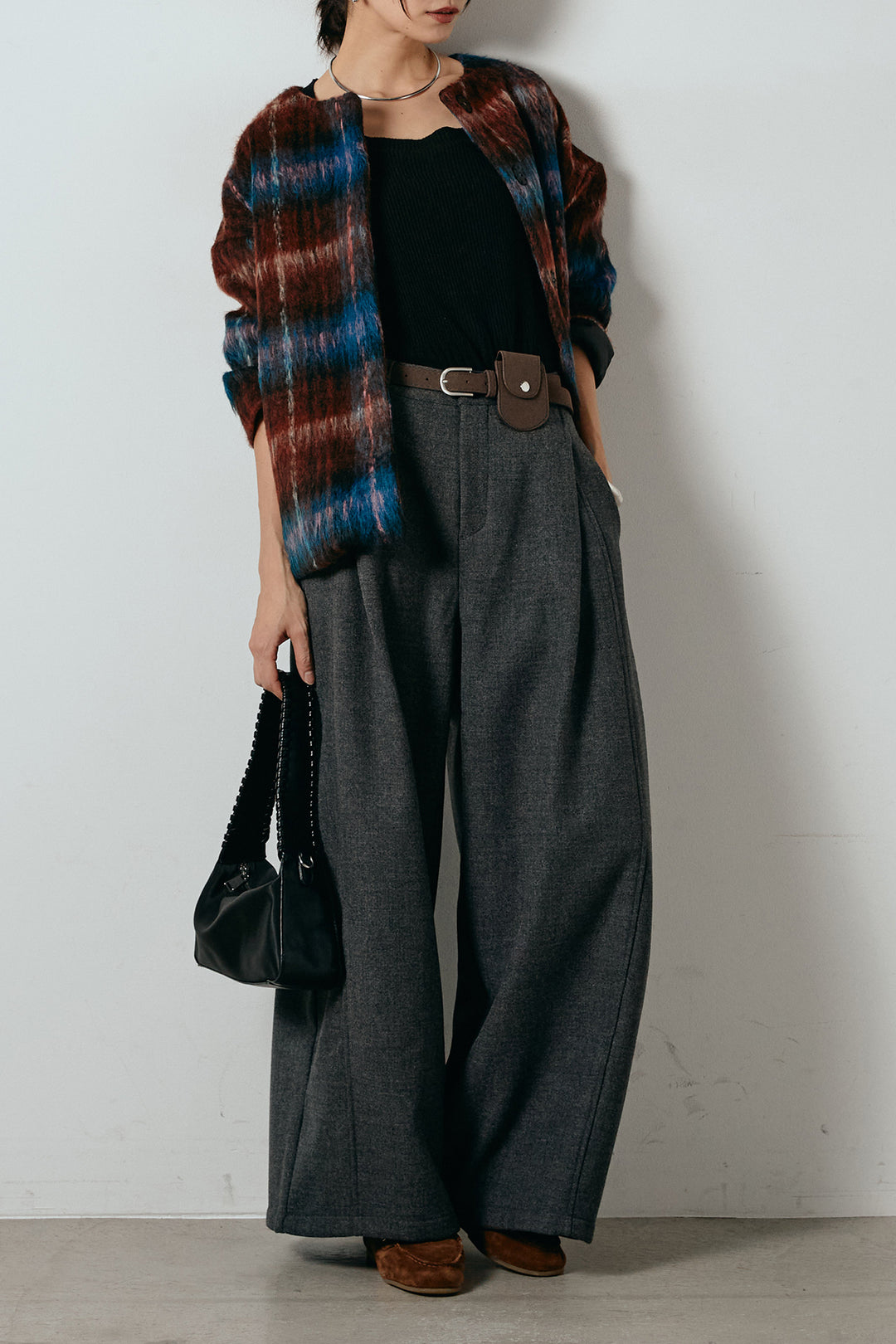 [SET]ノーカラーシャギーチェックアウター+ポーチベルト付きカーブパンツ(2set)