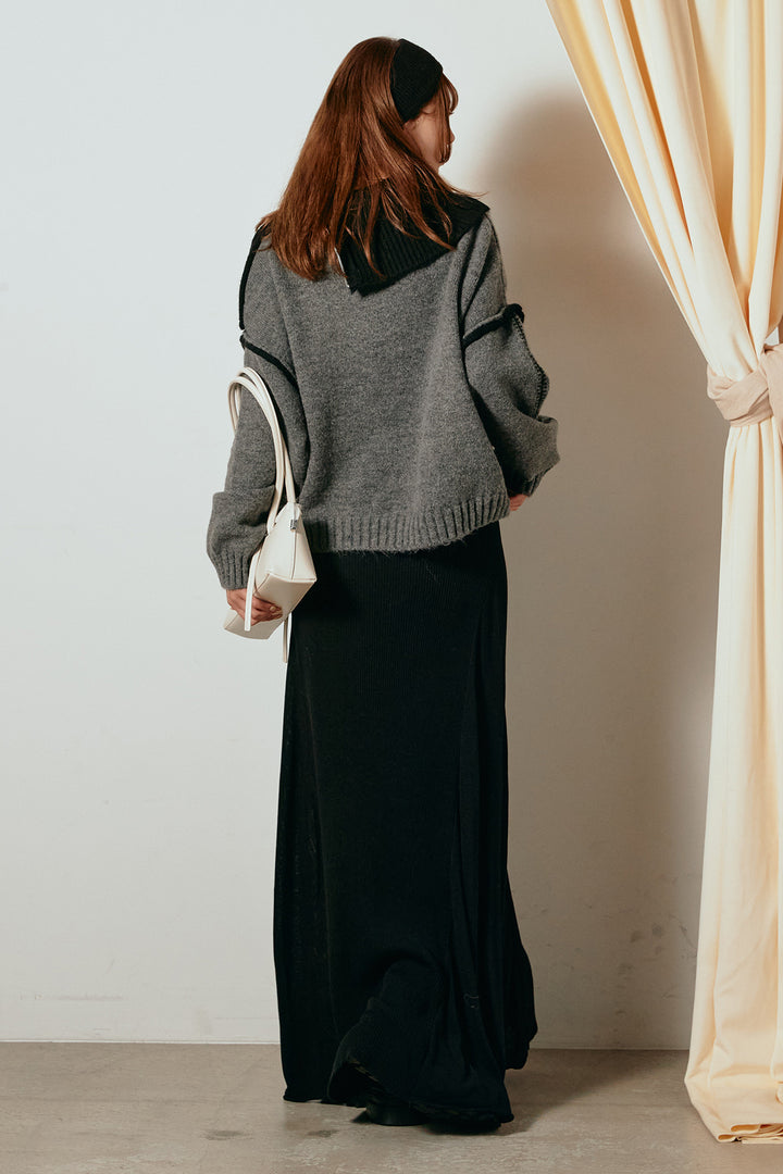 [SET]ハイネックジップデザインニットトップス+サイド切り替えリブニットロングスカート(2set)