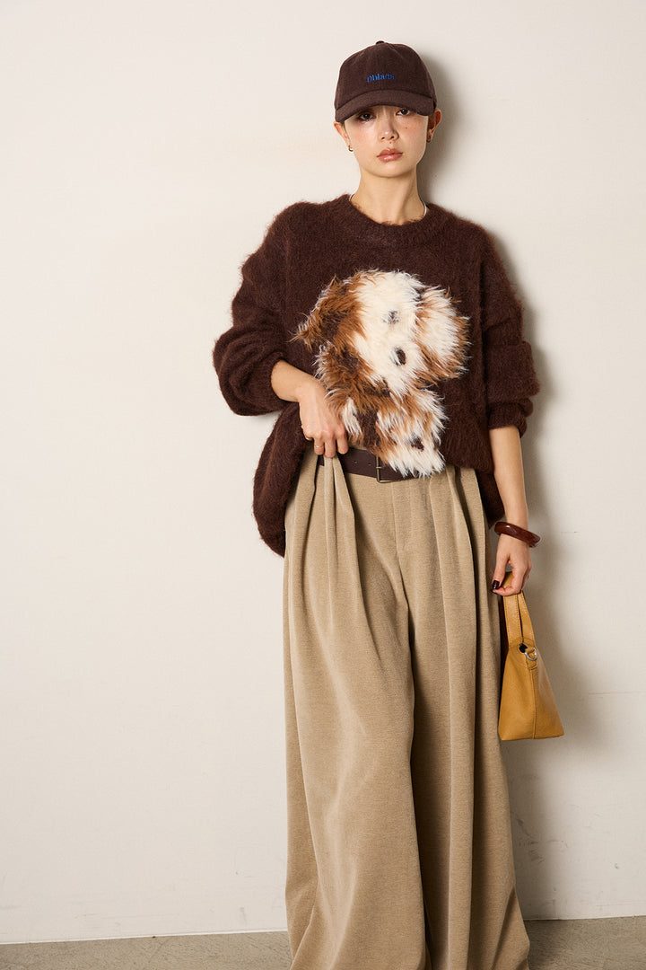 [SET]シャギーニュアンスアニマルニット+ベルトループコーデュロイワイドパンツ(2set)