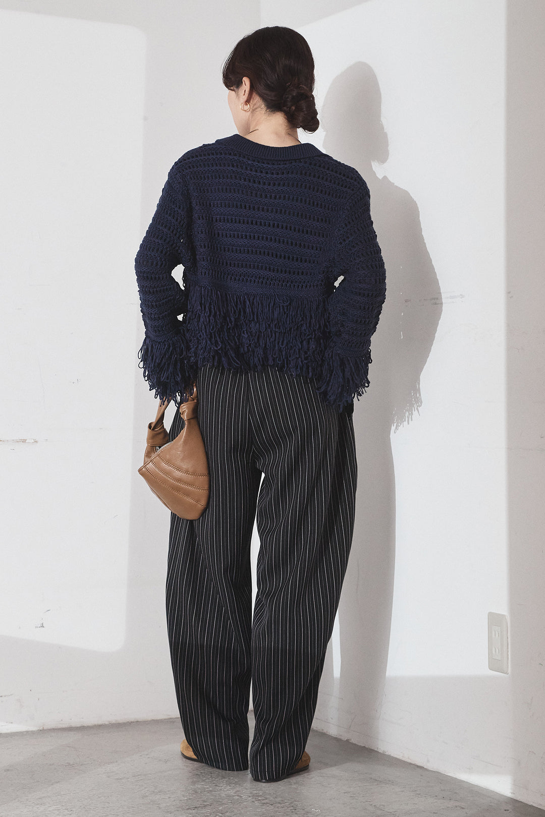 [SET]メッシュフリンジカーディガン+ヘリンボーンストライプツータックパンツ(2set)