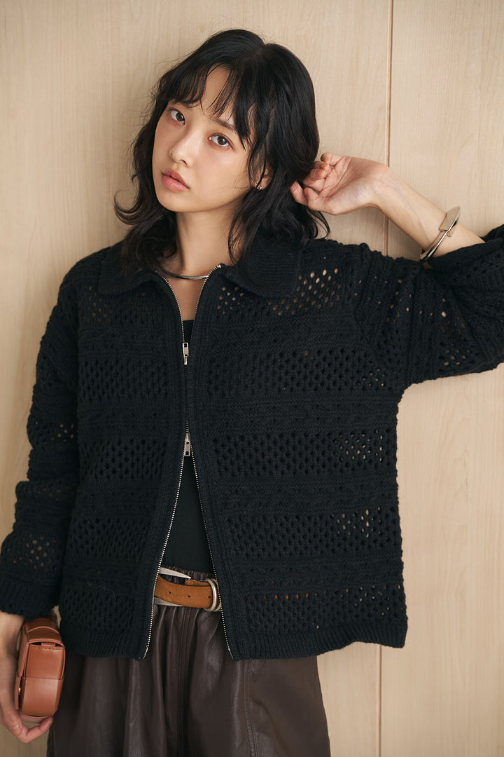 [SET]ジャガードZIPニットカーディガン+フェイクレザーカーブワイドパンツ(2set)