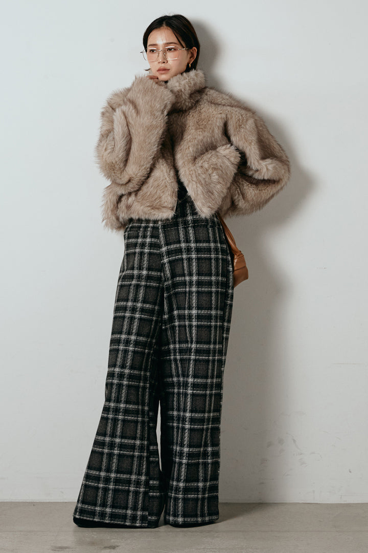 [SET]エコファーショート丈ブルゾン+ルーズタータンチェックワイドパンツ(2set)