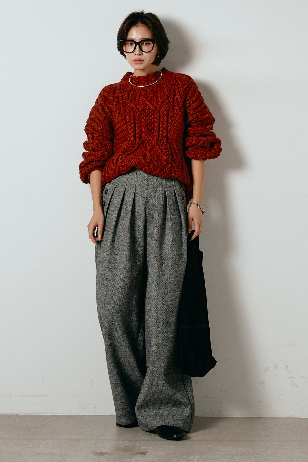 [SET]アラン柄ミックスケーブルニット+サイドボタンツイードタックパンツ(2set)