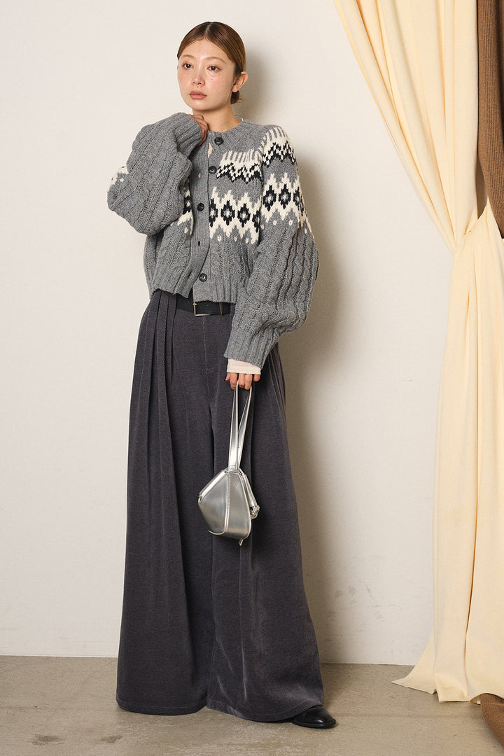 [SET]2WAY求心柄ジャガードショートカーディガン+ベルトループコーデュロイワイドパンツ+2WAY袖コード刺繍クルーネックプルオーバー(3set)