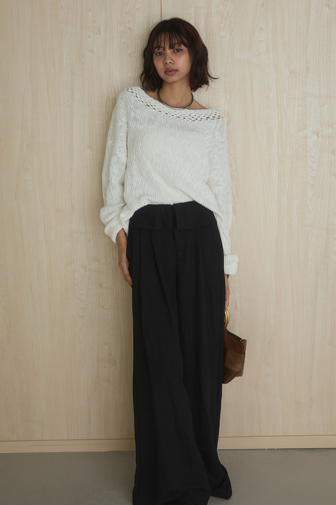 [SET]ネック編みデザインニットトップス+ウエスト折り返しワイドパンツ(2set)