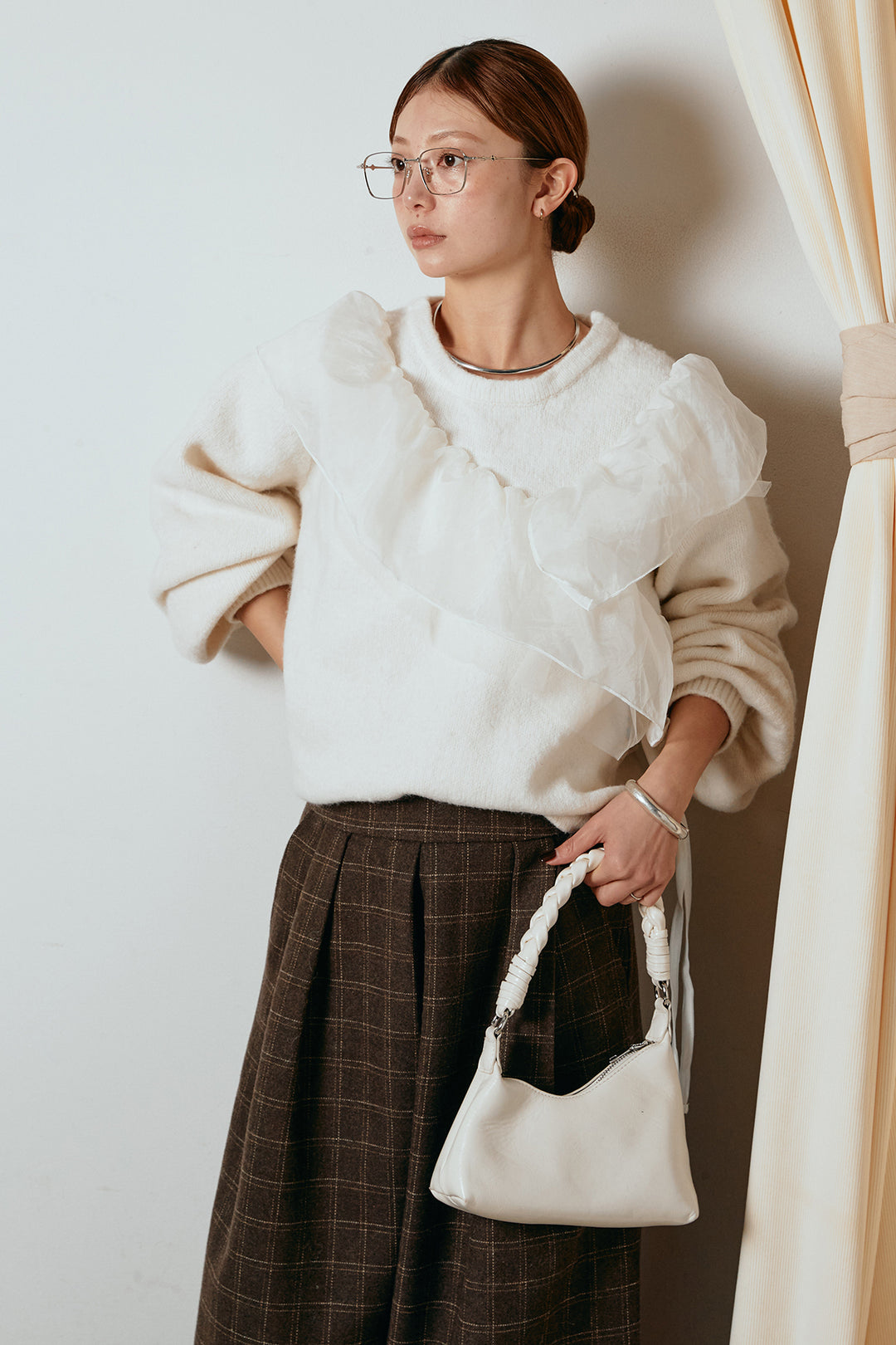 [SET]アシンメトリーフリルニットトップス+ウールライクチェックタックパンツ(2set)