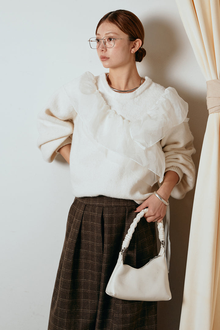 [SET]アシンメトリーフリルニットトップス+ウールライクチェックタックパンツ(2set)