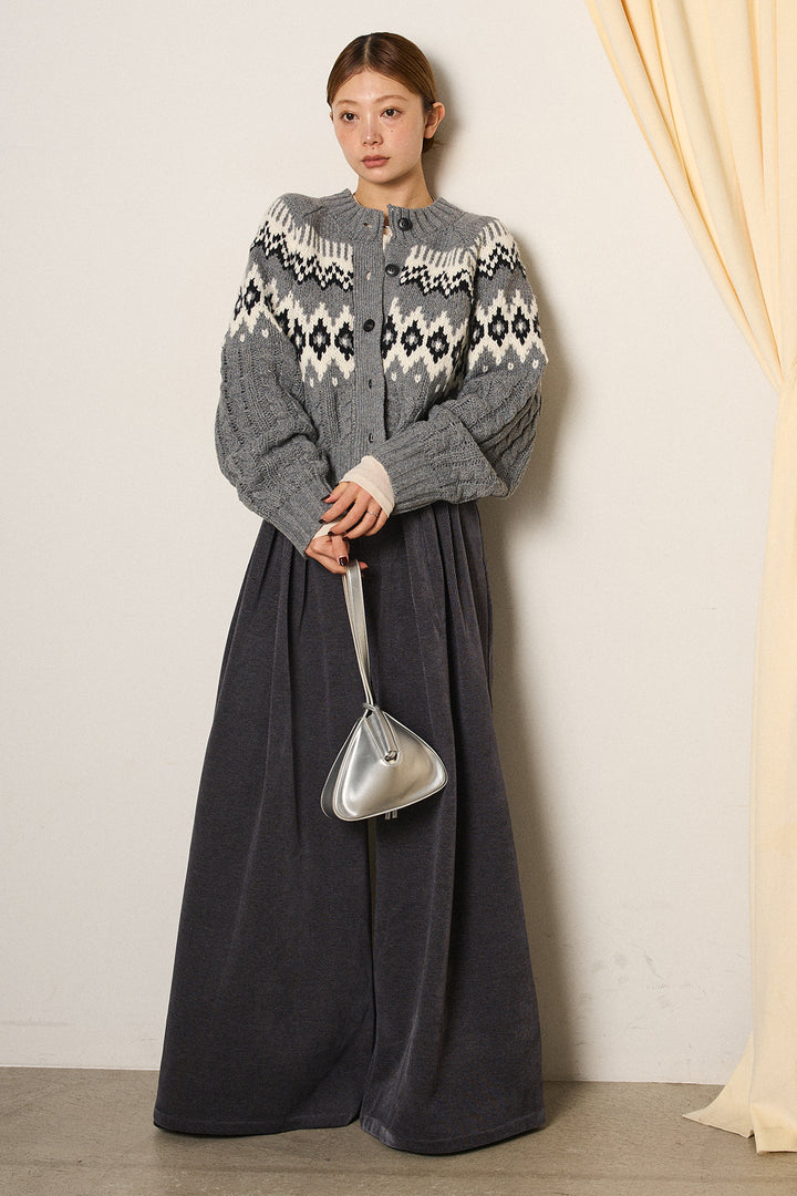 [SET]2WAY求心柄ジャガードショートカーディガン+ベルトループコーデュロイワイドパンツ+2WAY袖コード刺繍クルーネックプルオーバー(3set)