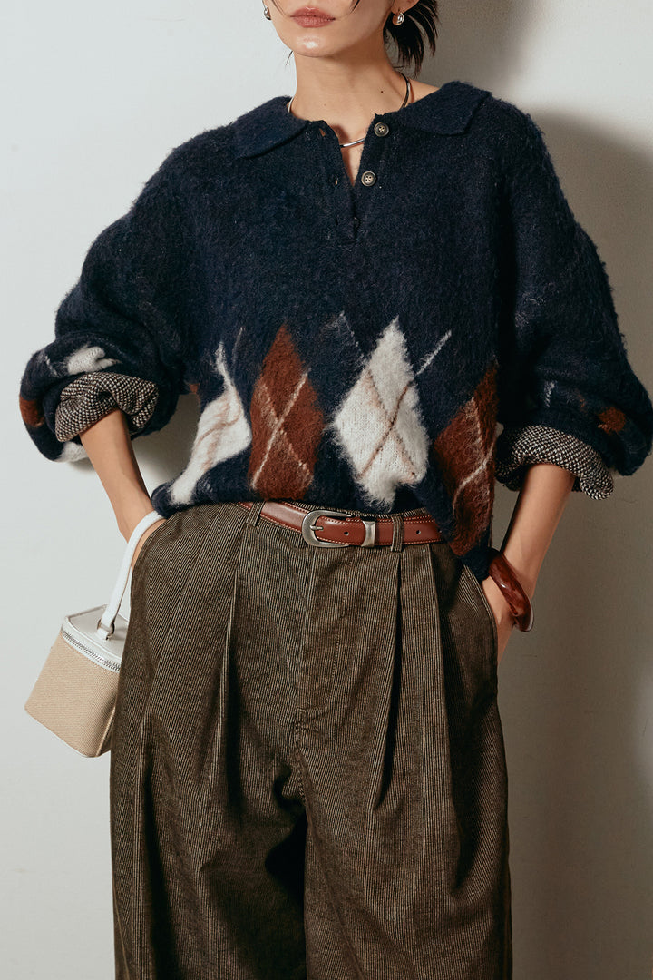 [SET]アーガイル柄ポロニットトップス+フロントタック入りコーデュロイパンツ(2set)