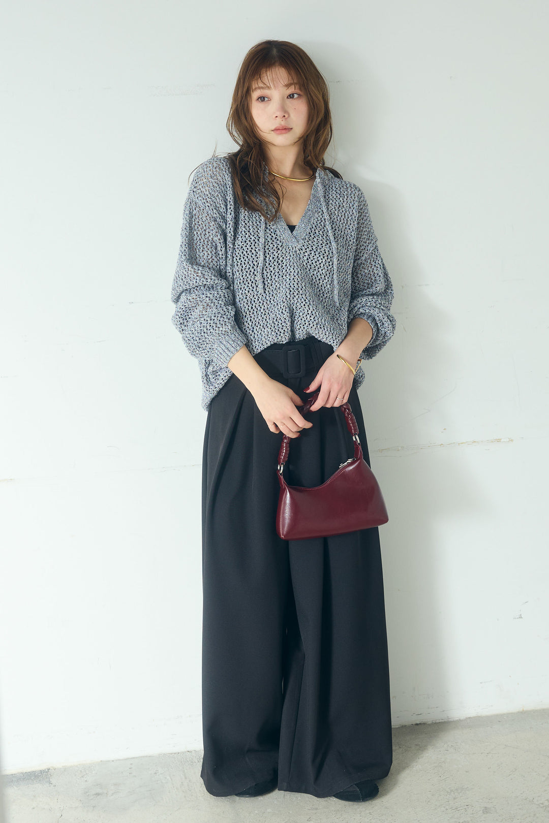 【即納】ミックスメッシュキーネックプルオーバー