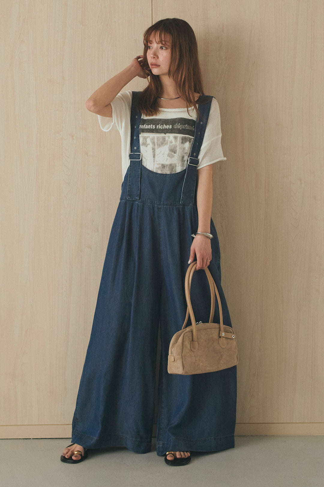 [SET]半袖モノトーングラフィックトップス+前後2WAYテンセルデニムサロペット(2set)