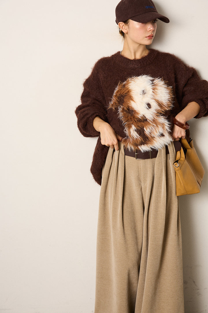 [SET]シャギーニュアンスアニマルニット+ベルトループコーデュロイワイドパンツ(2set)