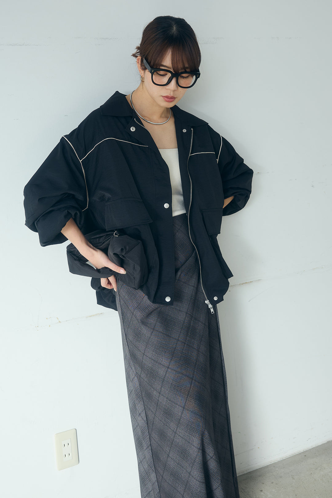 [SET]合繊ツイルバルーンジャケット+タータンチェック柄フロントデザインスカート(2set)