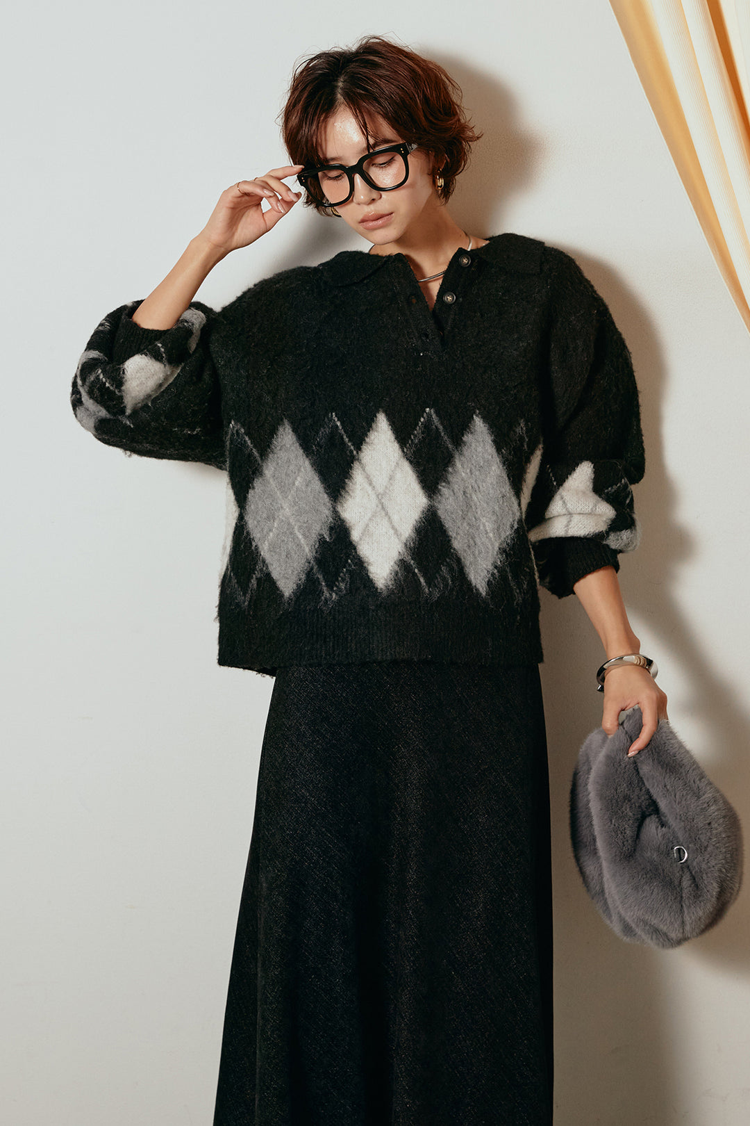 [SET]アーガイル柄ポロニットトップス+スウェードライクロングスカート(2set)