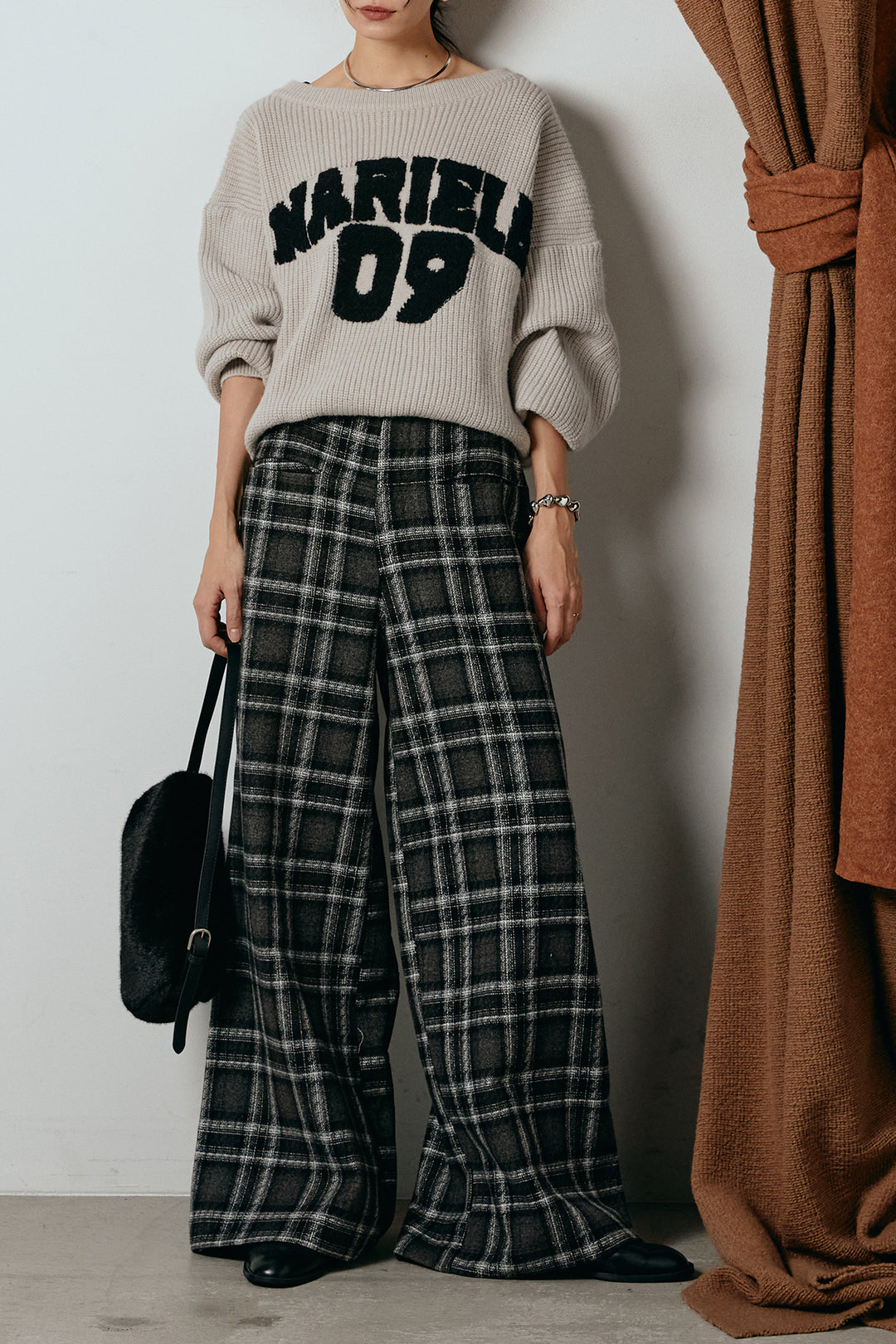 [SET]ロゴジャガードニットトップス+ルーズタータンチェックワイドパンツ(2set)