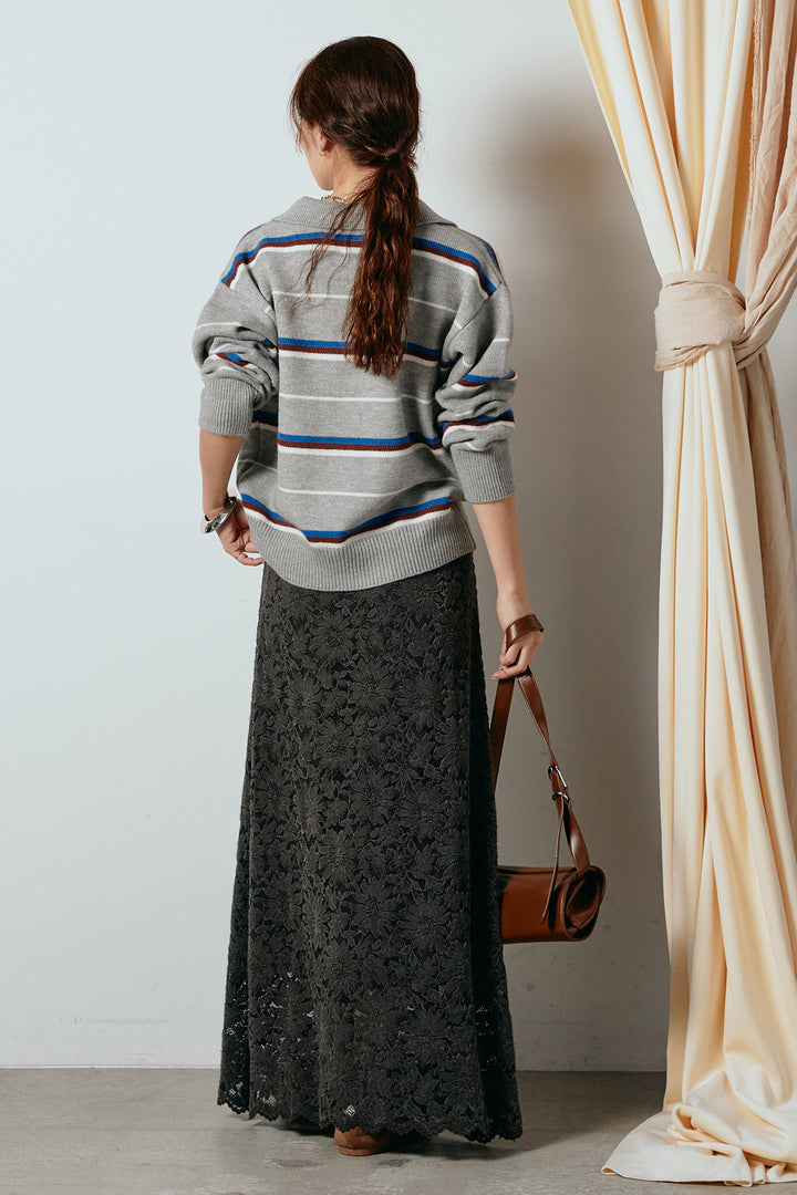 [SET]襟付きマルチボーダーニットポロトップス+花柄刺繍ベロアフレアスカート(2set)