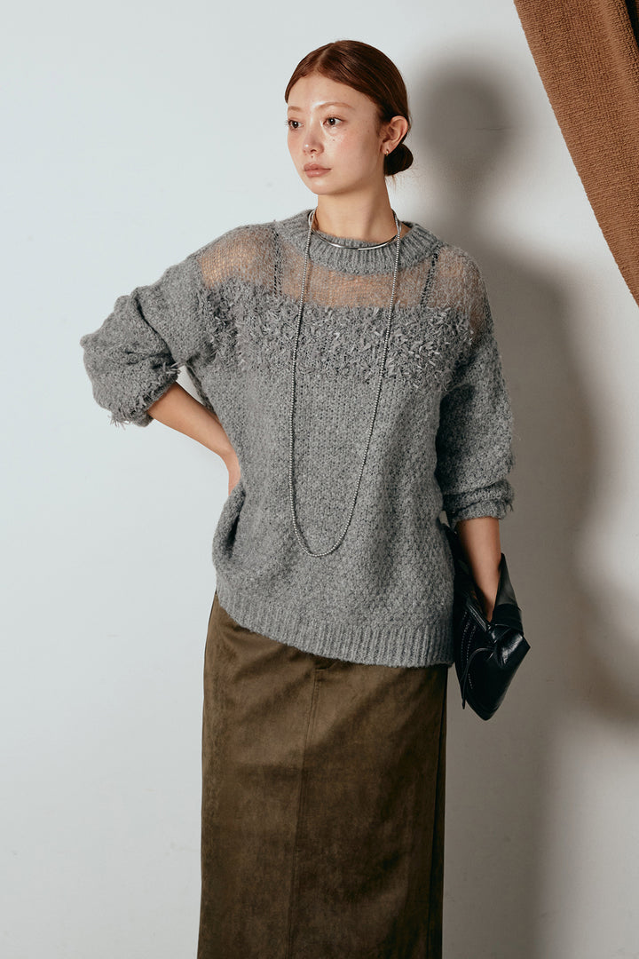 [SET]パターンランダム編みニットトップス+スウェードライク裾フリンジスカート(2set)