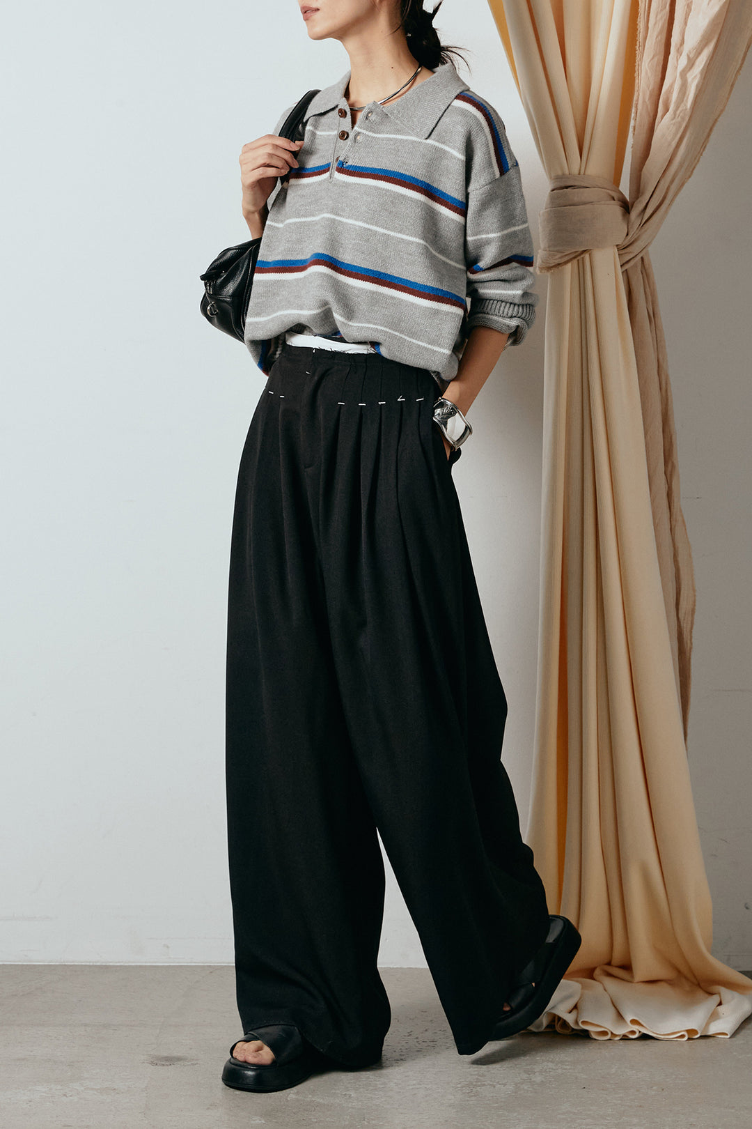 [SET]襟付きマルチボーダーニットポロトップス+ウエストステッチデザインワイドスラックス(2set)
