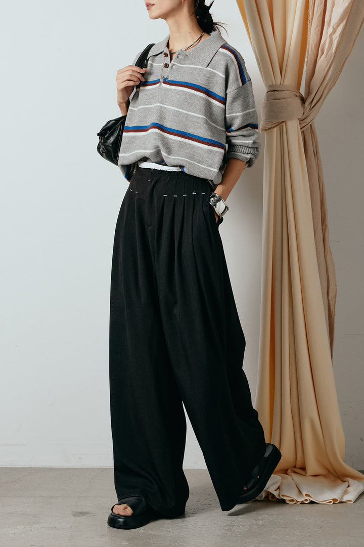 [SET]襟付きマルチボーダーニットポロトップス+ウエストステッチデザインワイドスラックス(2set)