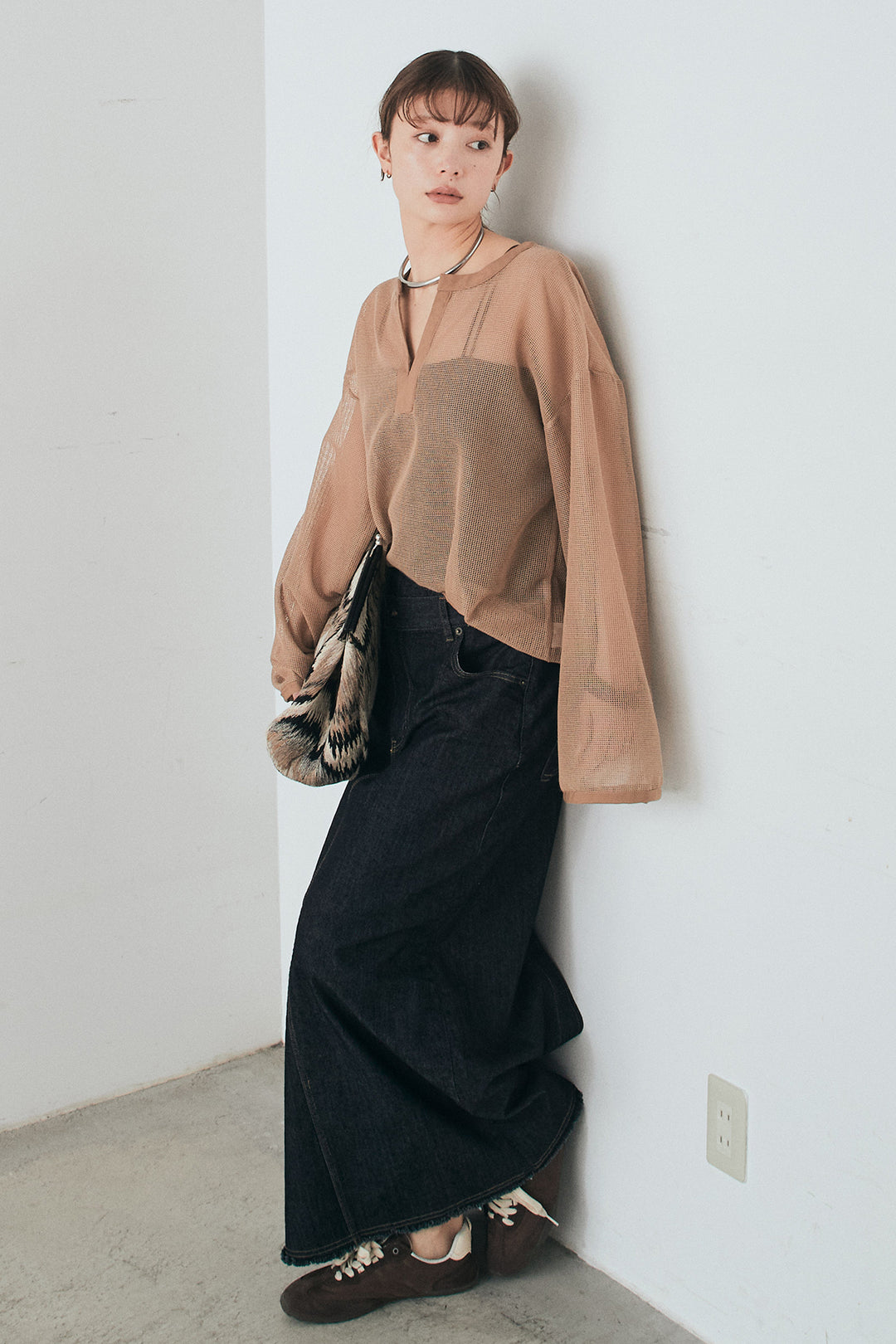 [SET]メッシュカットソースキッパープルオーバー+ウエストクロスデニムタイトスカート(2set)