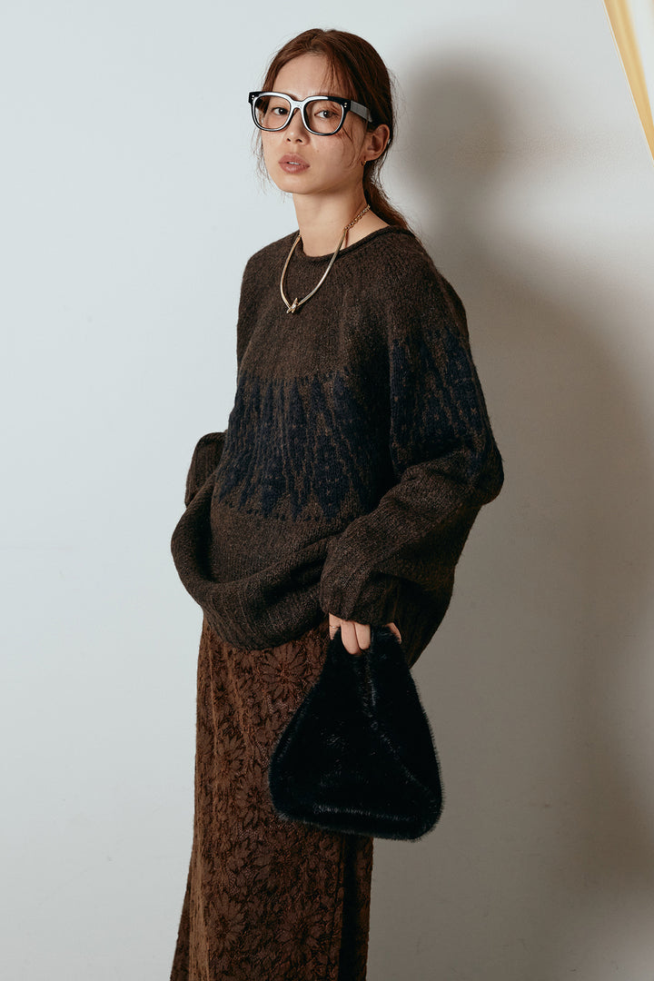 [SET]モノトーン柄ニットトップス+花柄刺繍ベロアフレアスカート(2set)