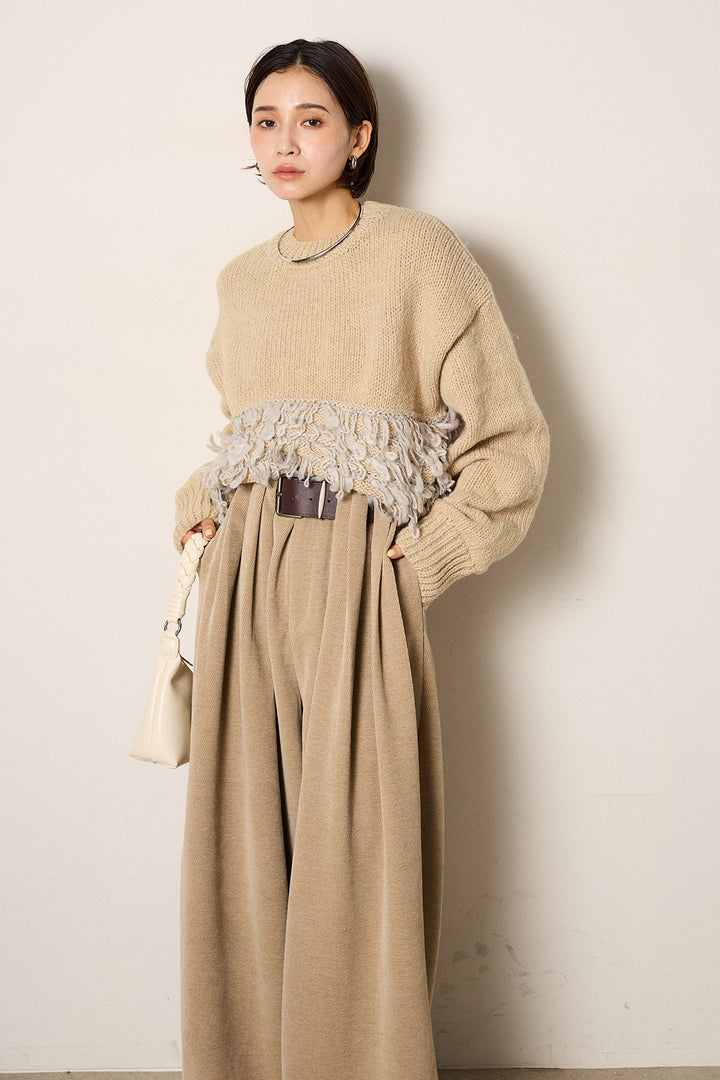 [SET]ループ編み切り替えニットプルオーバー+ベルトループコーデュロイワイドパンツ(2set)