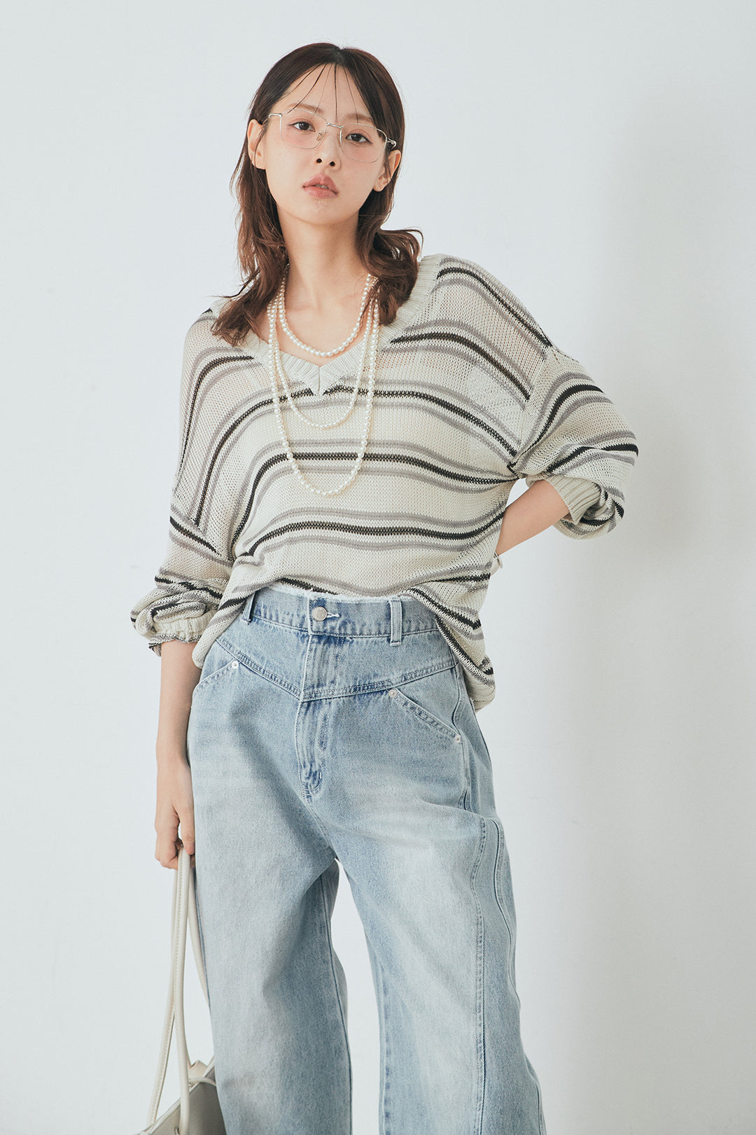 [SET]綿タッチVネックボーダートップス+デニムヨークパンツ(2set)