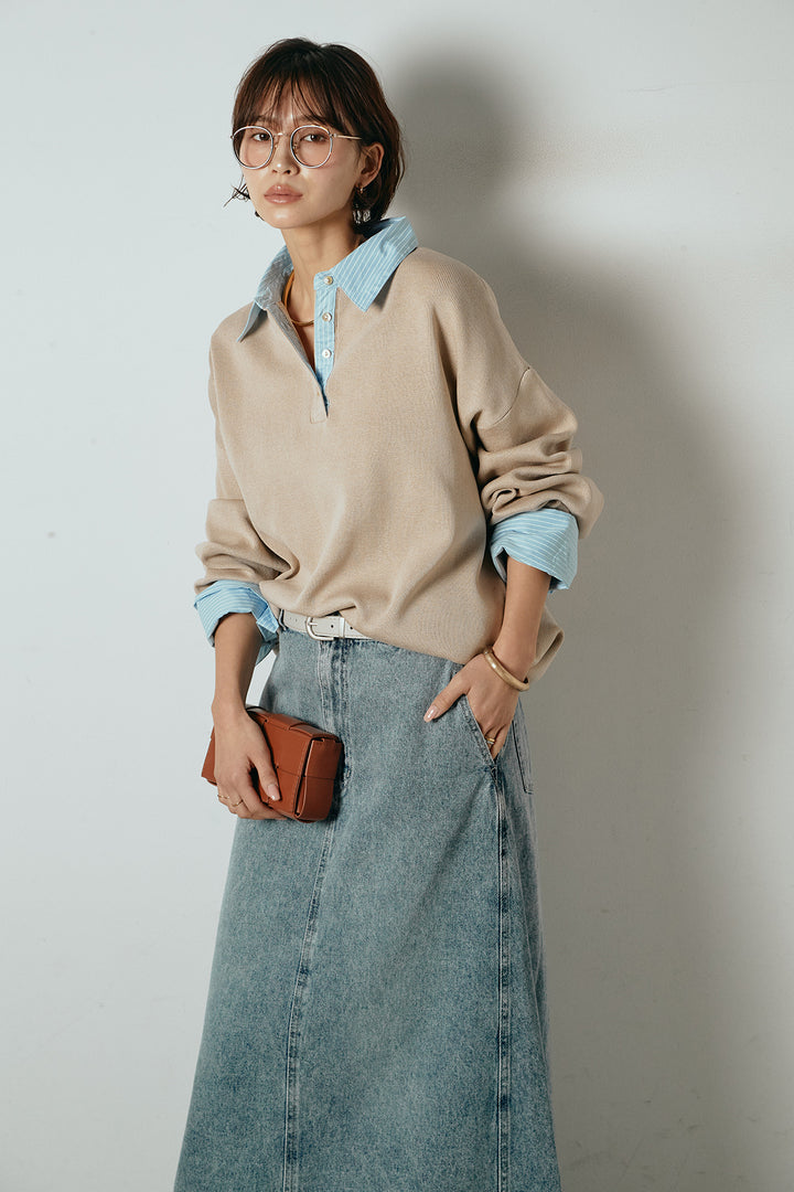 [SET]ストライプシャツドッキングポロトップス+デニムロングフレアスカート(2set)