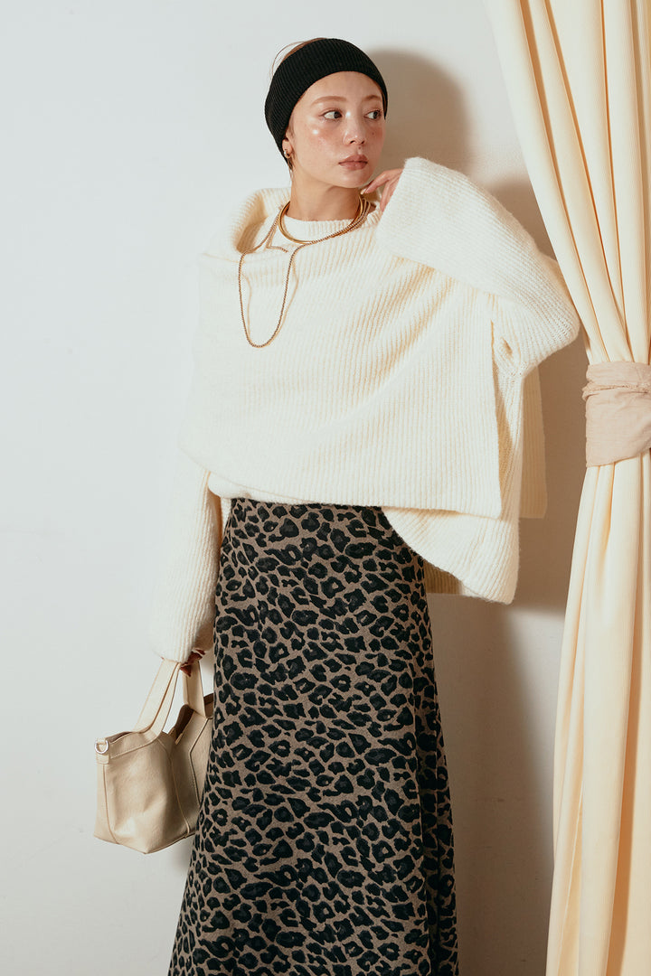 [SET]ケープデザインリブニットトップス+レオパードロングスカート(2set)