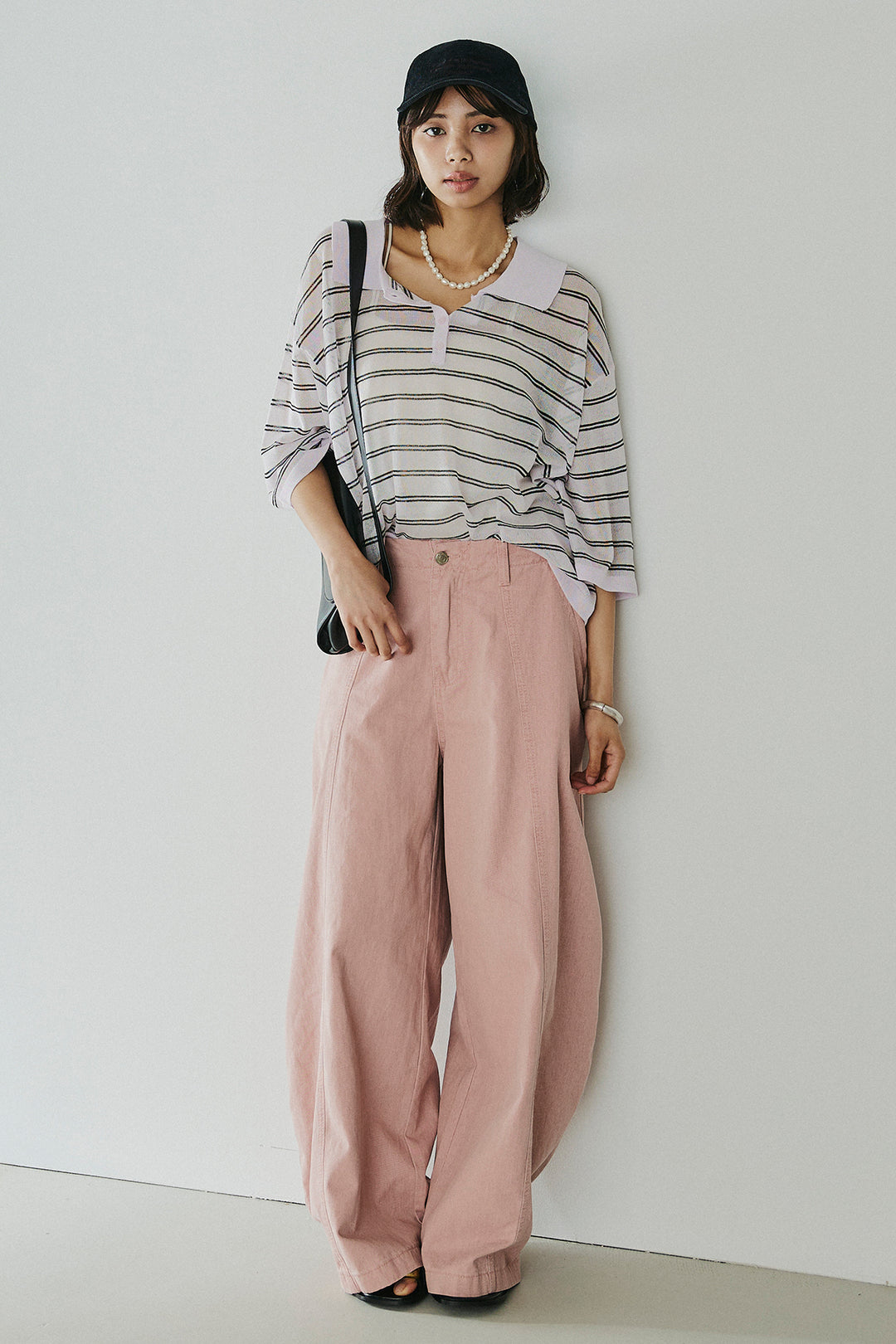 [SET]ボーダーニットポロシャツ+サイドベルトカーブワイドパンツ(2set)