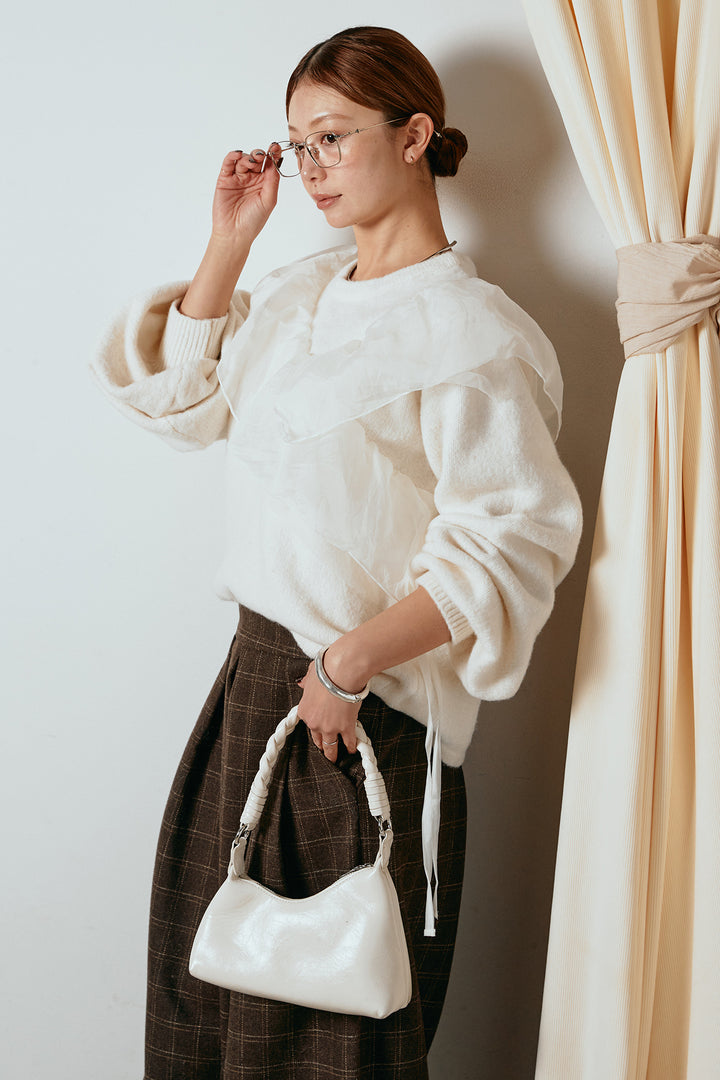 [SET]アシンメトリーフリルニットトップス+ウールライクチェックタックパンツ(2set)