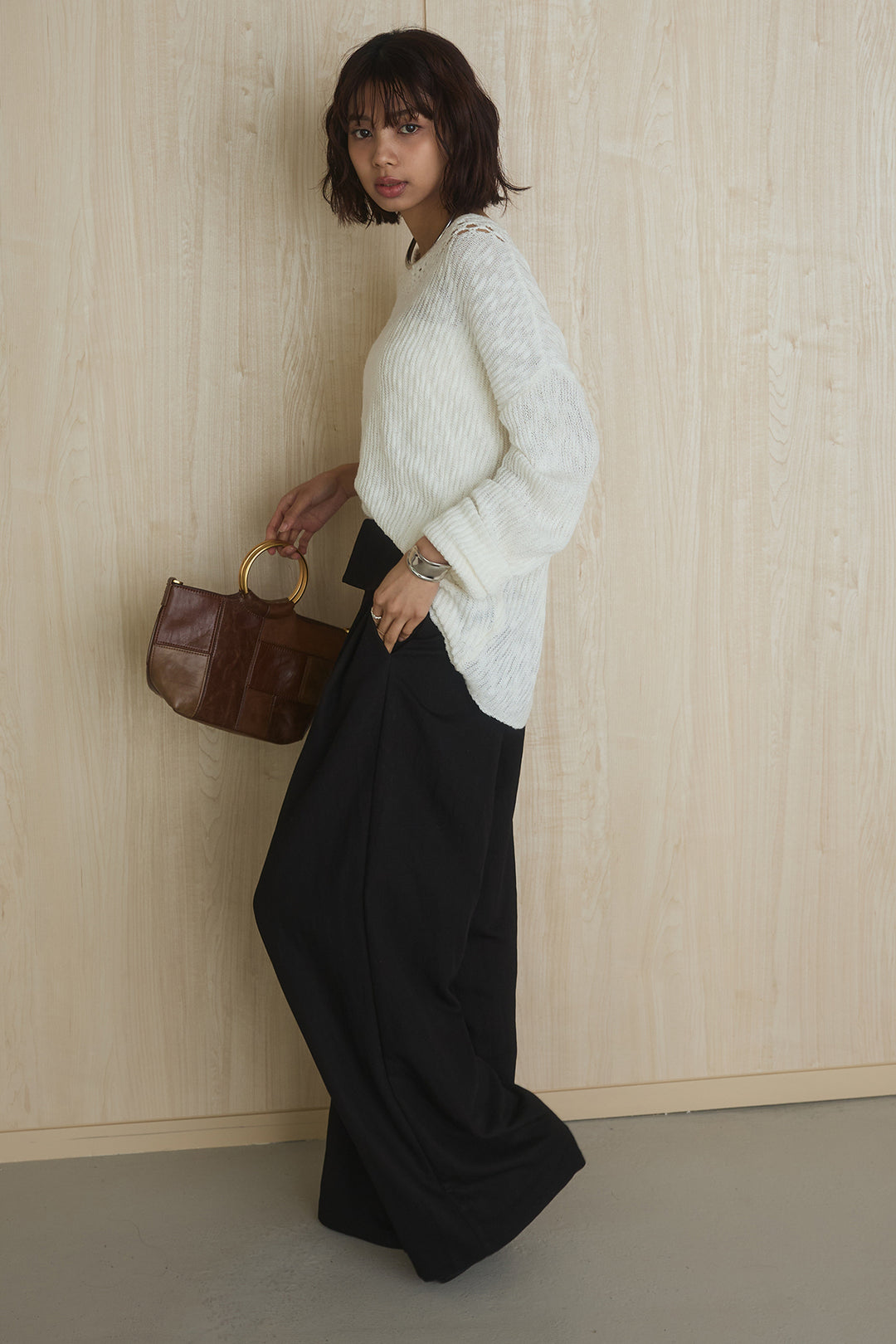 [SET]ネック編みデザインニットトップス+ウエスト折り返しワイドパンツ(2set)