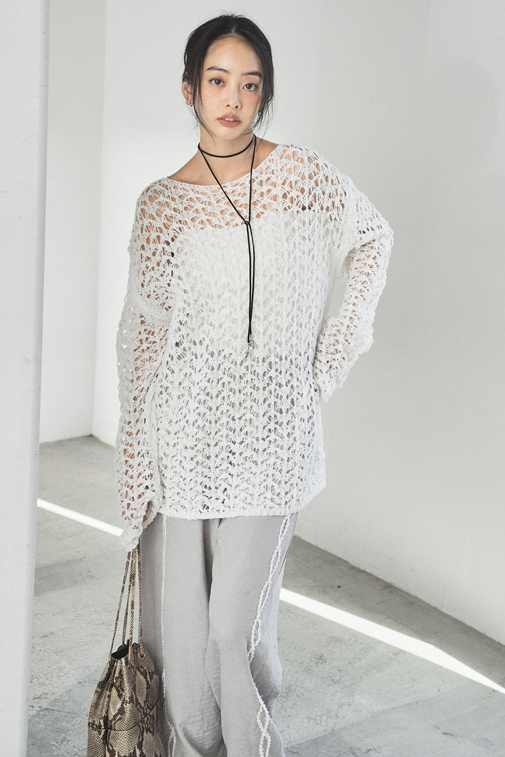 [SET]リラックスメッシュニットトップス+刺繡テープラインパンツ(2set)