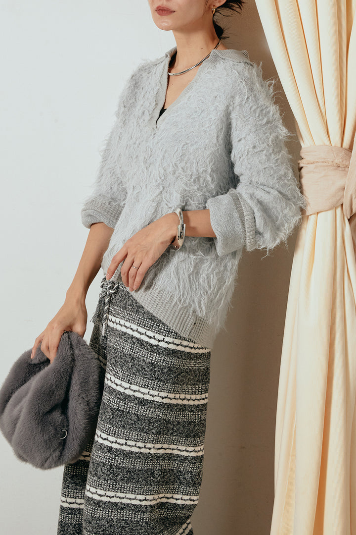 [SET]襟付きシャギーニットポロトップス+マルチライン柄リラックスニットパンツ(2set)