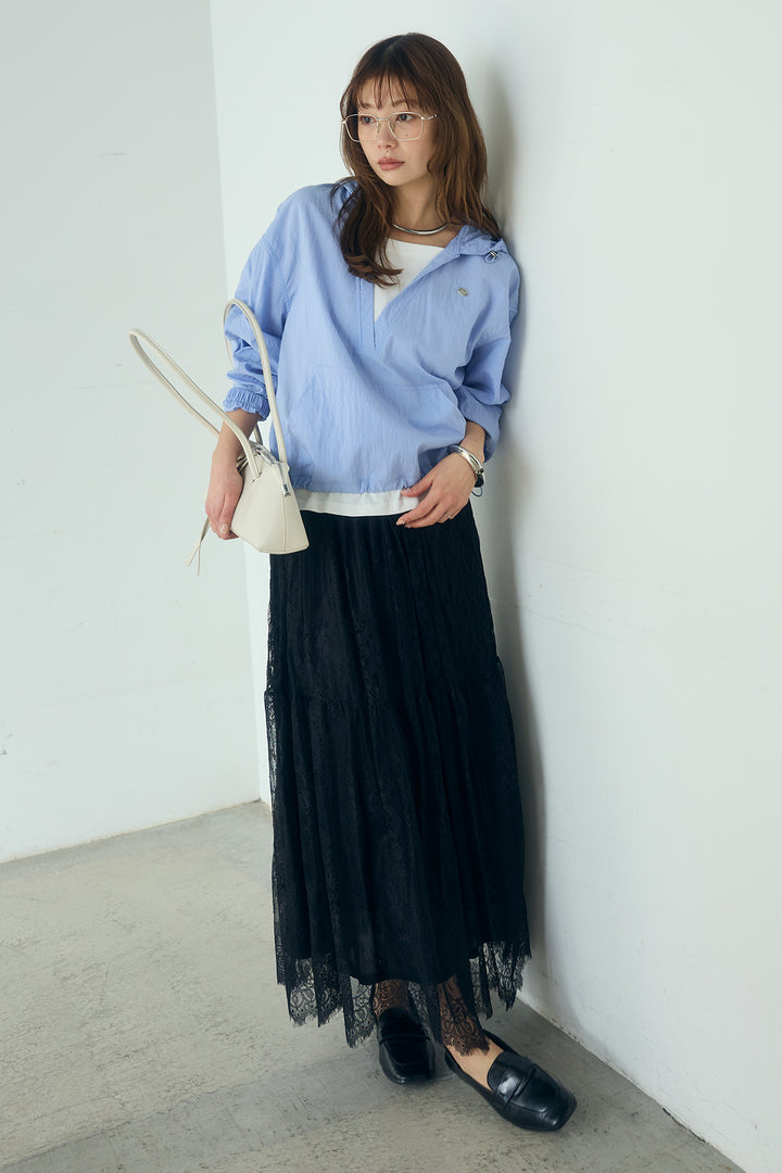 [SET]レイヤードデザインフーディートップス+ひげレース切替ロング丈スカート(2set)