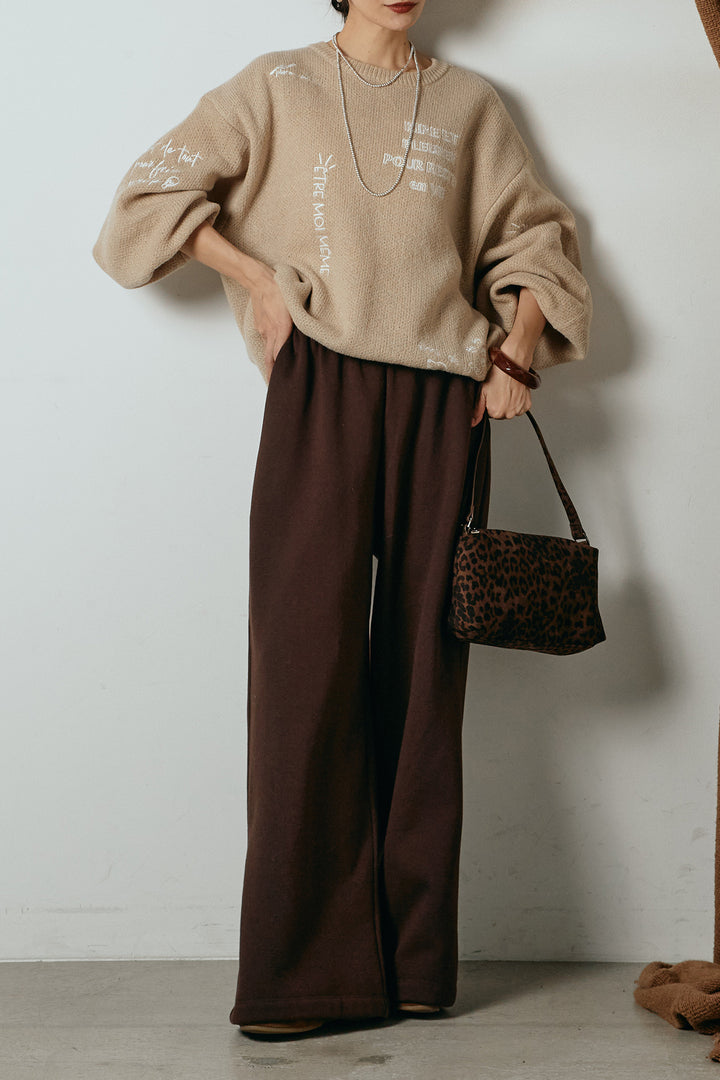 [SET]刺繍ロゴランダムデザインニットトップス+裏起毛スウェットワイドパンツ(2set)